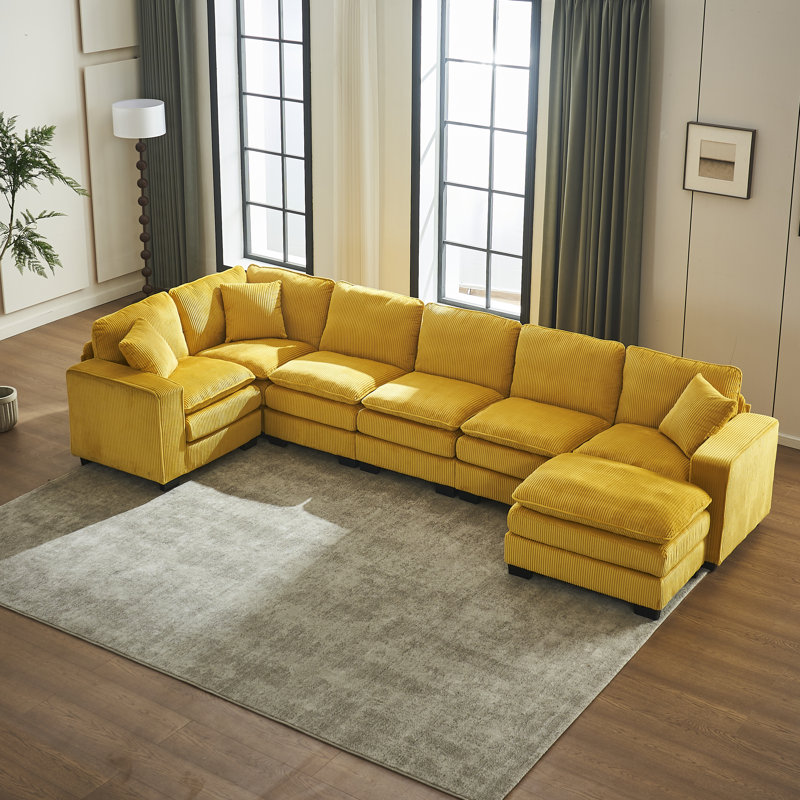 Canapé modulaire moderne en U à 6 places avec un repose-pieds et trois coussins décoratifs, Jaune