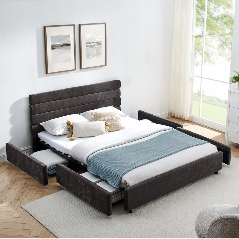 Queen size cushioned bed, comfortable cushioned bed frame, headboard and solid bed frame, Dark Gray
