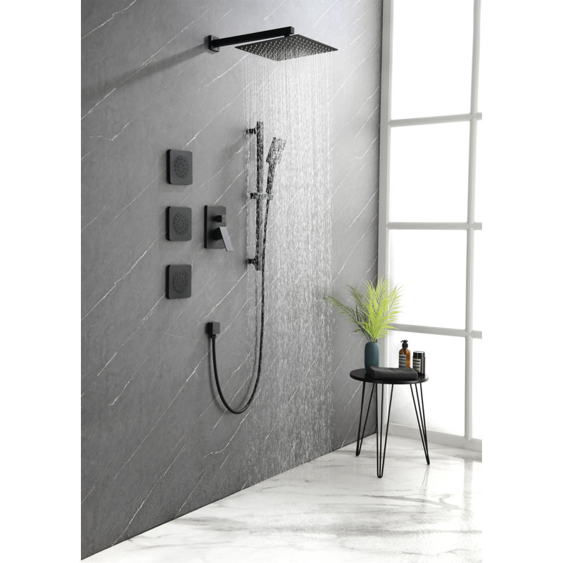Shower System With Shower Head, Hand Shower, Slide Bar, Bodysprays, Shower Arm, Hose, Valve Trim, And Lever Handles