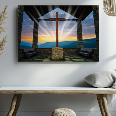 Canvas A Serene Outdoor Chapel Scene At Sunrise Featuring A Prominent Wall Art Wooden Cross At The Center Made Of Rich Brown Timber Canvas Wall Art