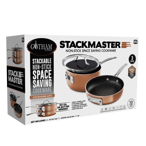 Gotham Steel Stackable Space Saving 17 Piece Aluminum Nonstick Cookware Set  with Utensils, Oven & Dishwasher Safe & Reviews