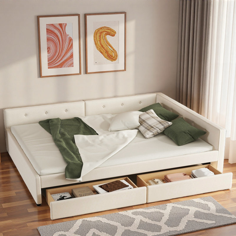 Lit plateforme tapissier moderne avec USB et 2 tiroirs, Grand lit