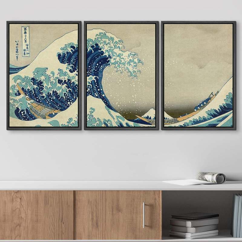La grande vague de Kanagawa, 3 pièces par Hokusai, Cadre en plastique noir, H 36 po x l 24 po x P 1,5 po