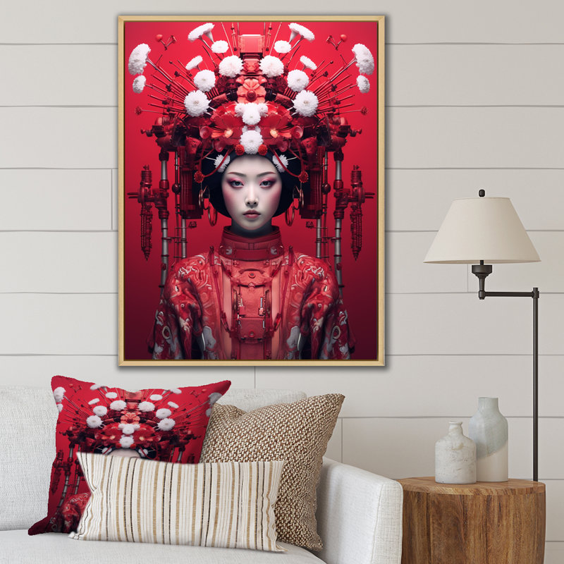 Geisha japonaise futuriste, H 32 po x l 24 po x P 1 po, Cadre naturel flottant