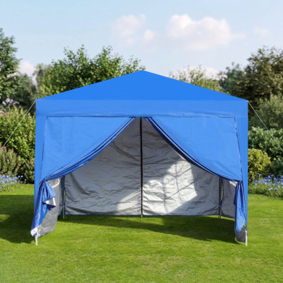 Tente pop-up d'extérieur mesurant 10 x 10 pieds, comprenant une paroi latérale à fermeture à glissière amovible, 2 panneaux de parois latérales avec fenêtres, 4 sacs de poids de sable et un sac de transport, de couleur bleue