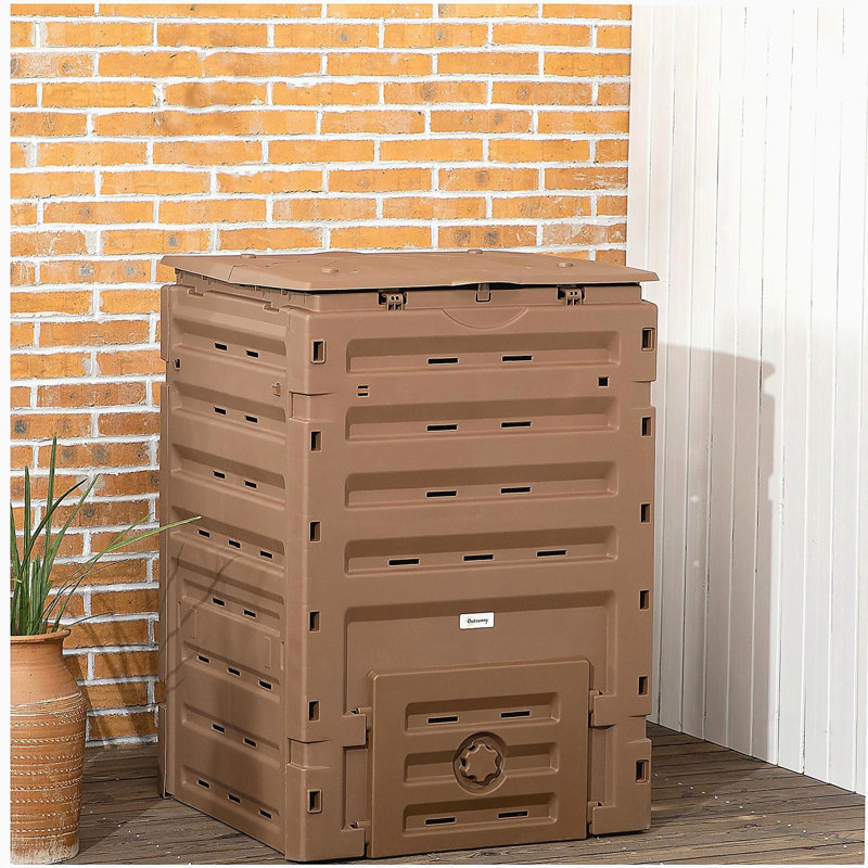 Outsunny Garden Compost Bin, 120 Gallon (450L) Garden Composter, BPA Free, with 80 Vents and 2 Sliding Doors, Lightweight & Sturdy, Fast Creation of Fertile Soil, Brown