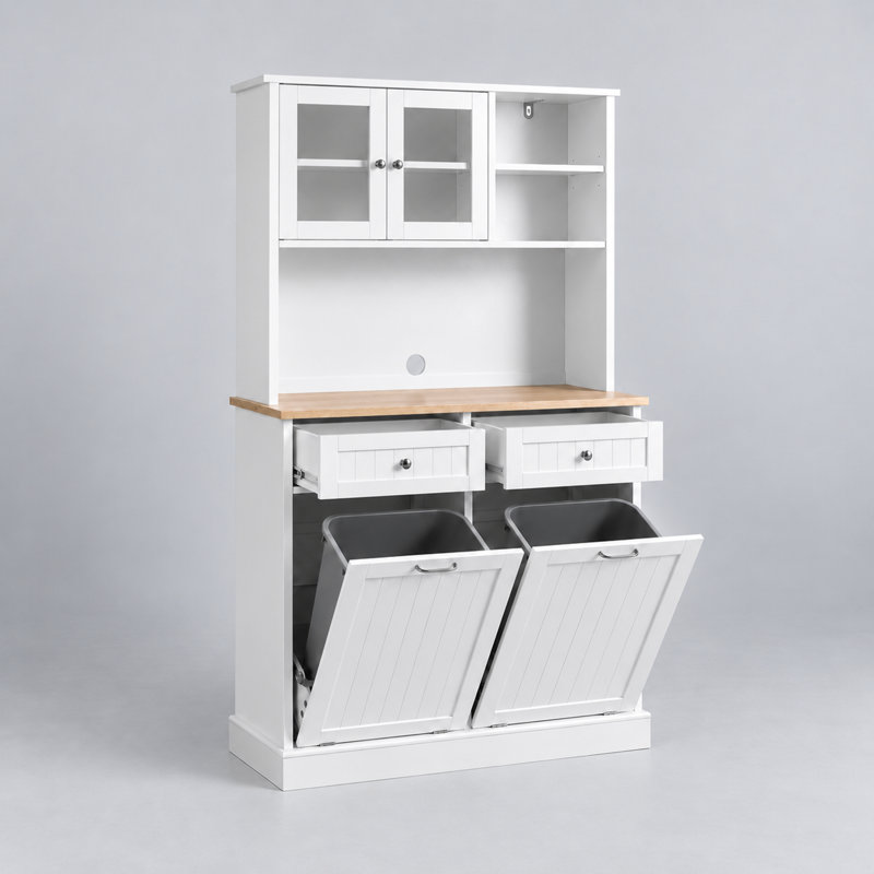 Armoire de cuisine de 172 cm (67,7 po) de hauteur avec portes vitrées, tiroirs et poubelle basculante de 75 litres (20 gallons) - Style campagnard - Blanc