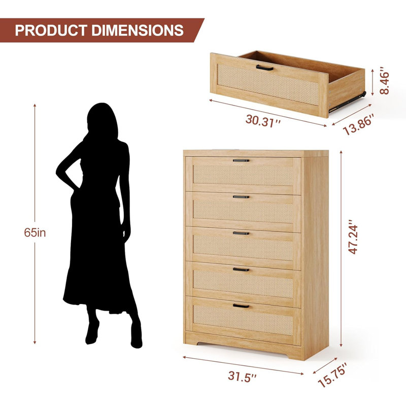 Commode 5 tiroirs 5 tiroirs , Naturel