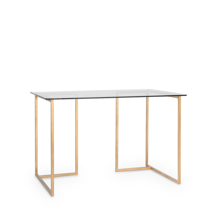 Eddo Glass Top Metal Base Writing Desk, 75cm H x 140cm W x 85cm D, Gold