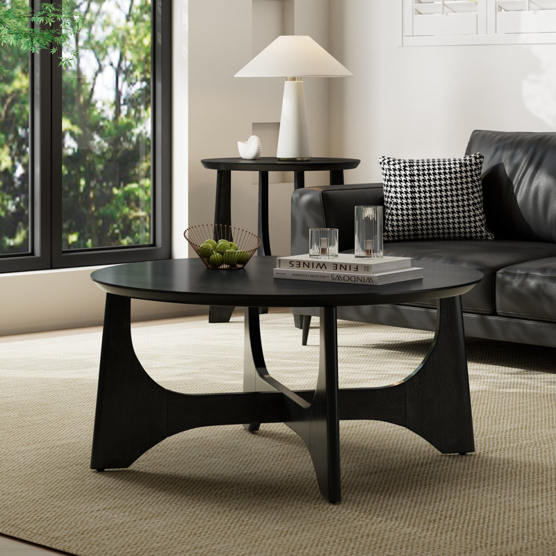 Modern Black Round Coffee Table with X-Shaped Cross Base, Solid Wood Circular Center Table for Living Room, Minimalist Accent Table for Apartment & Small Space