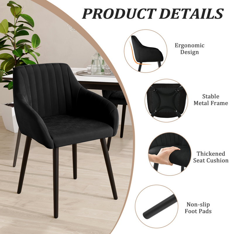 49.5cm H Upholstered Dining Chairs With Wooden Legs, 4, Black Velvet/Black