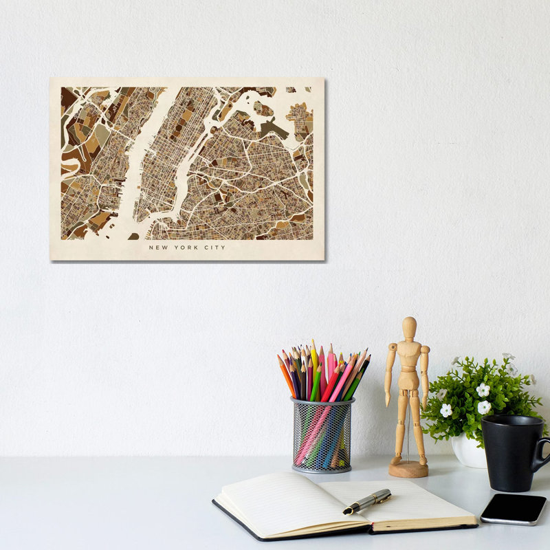 New York City Street Map by Michael Tompsett - 1 Piece Wrapped Canvas Wall Art, 20.32 cm H x 30.48 cm W