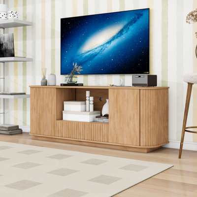 Meuble télé en bois avec coins arrondis, armoires bahut, tiroir et tablette ouverte