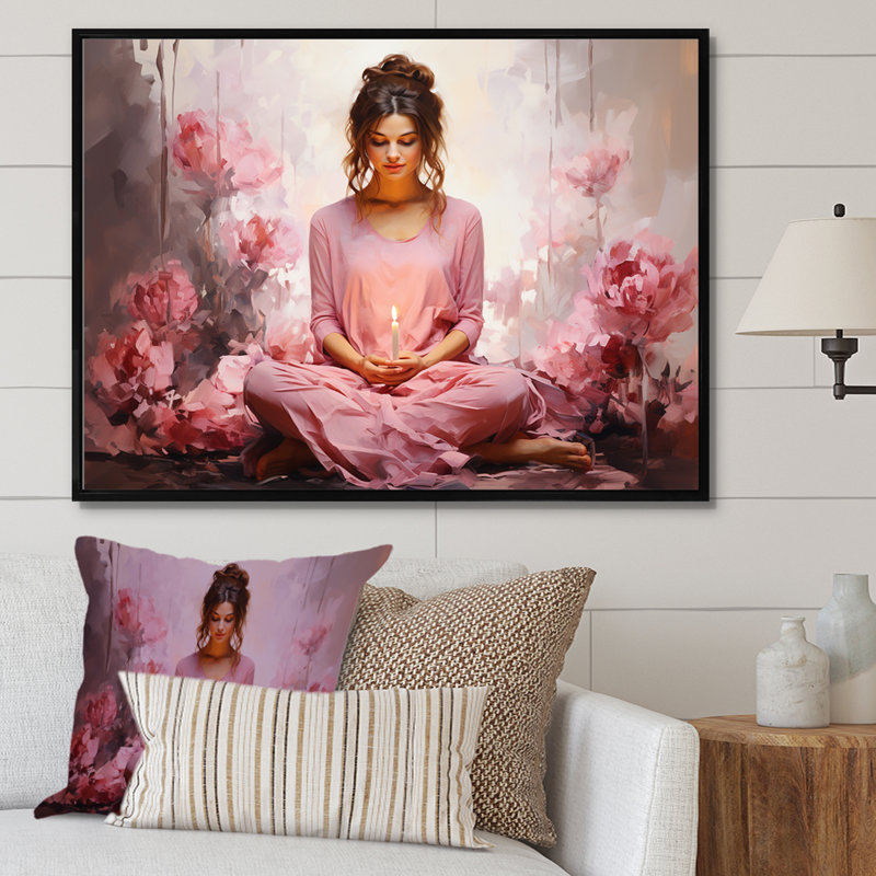 «Pink Yoga Mediation» sur impression sur toile, Cadre flottant noir, H 34 po x l 44 po x P 1,5 po