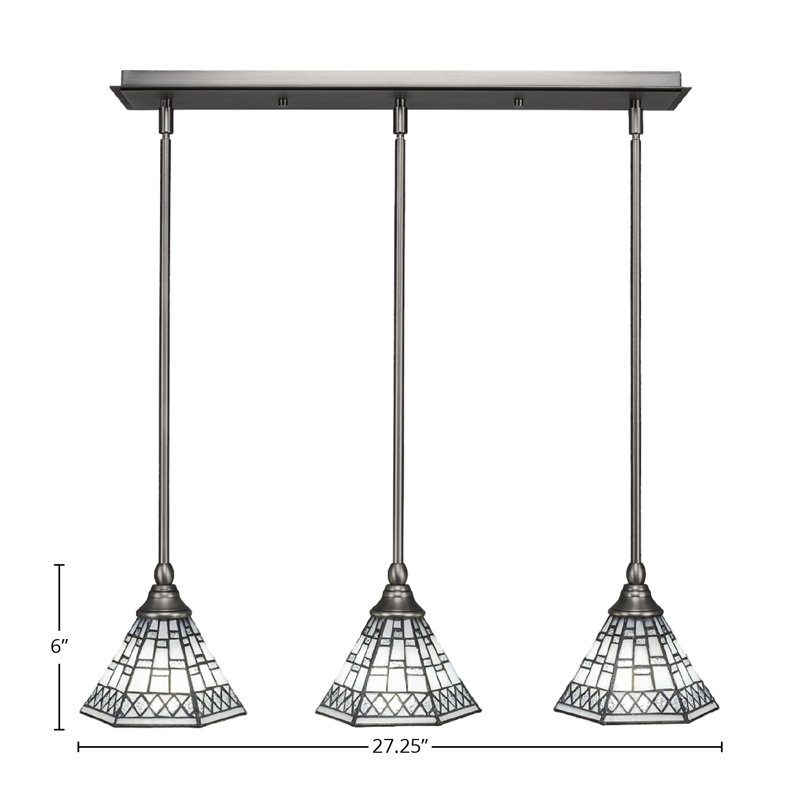 Luminaire suspendu linéaire à 3 lumières suspendu au fini nickel brossé avec verre d'art étain de 7 po