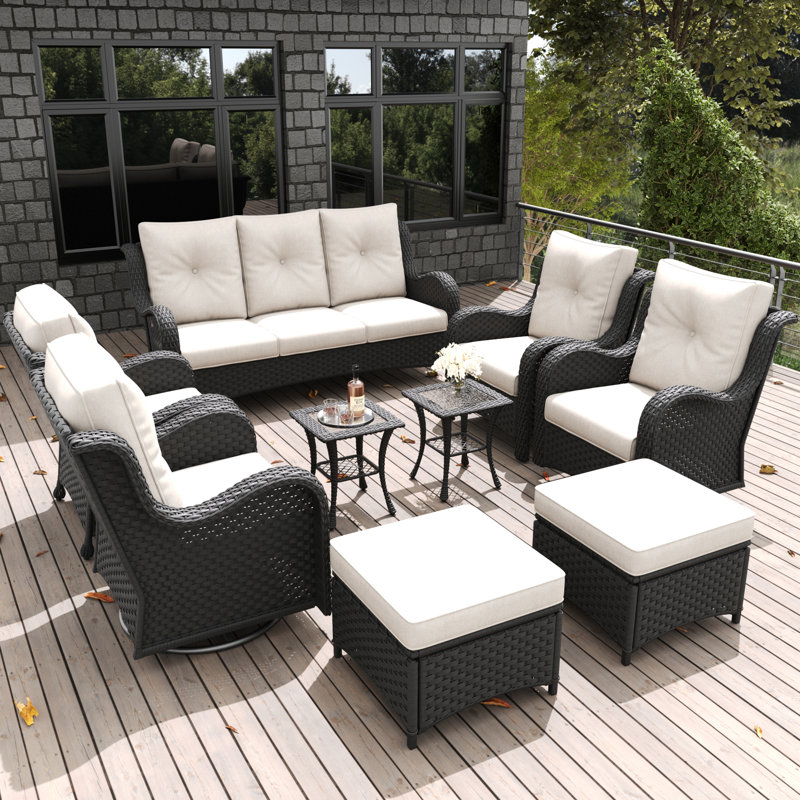 LayinSun 9 Pieces Outdoor Patio Furniture Set With Sofa And Ottoman, Beige, Black
