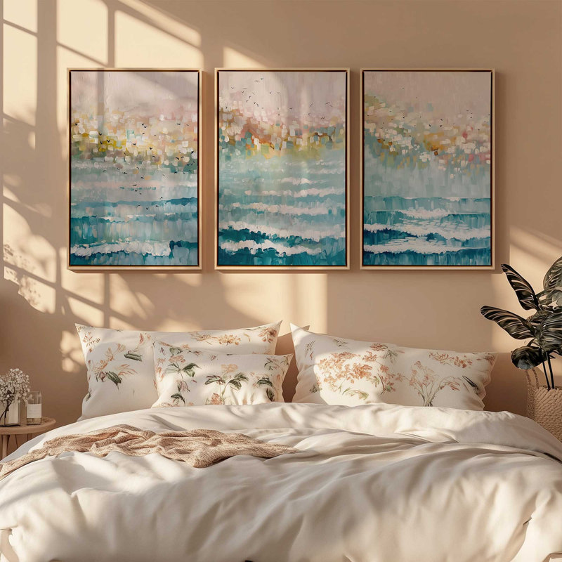 Ensemble de 3 impressions Seaside Sunrise Drift, 36 po x 24 po, Cadre américain en érable flottant