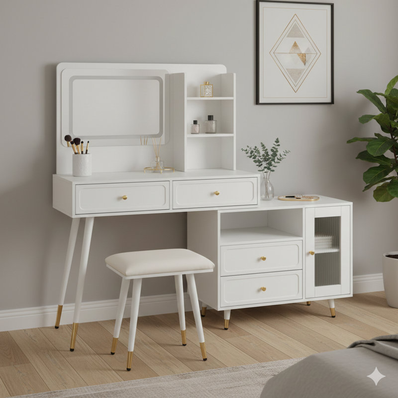 Modern Makeup Vanity Desk With Mirror And Lights. A Retractable Dressing Table Equipped With Drawers And A Cabinet. This Compact Makeup Table Set Includes A Power Outlet For The Bedroom, In White.