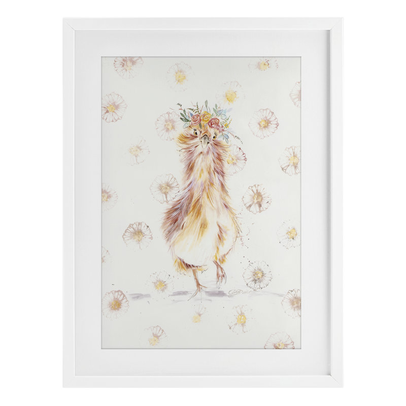 «Silkie Chicken with Daisies», reproduction encadrée sous verre, conception de Cady, H 20 po x l 14 po, Cadre blanc côtier