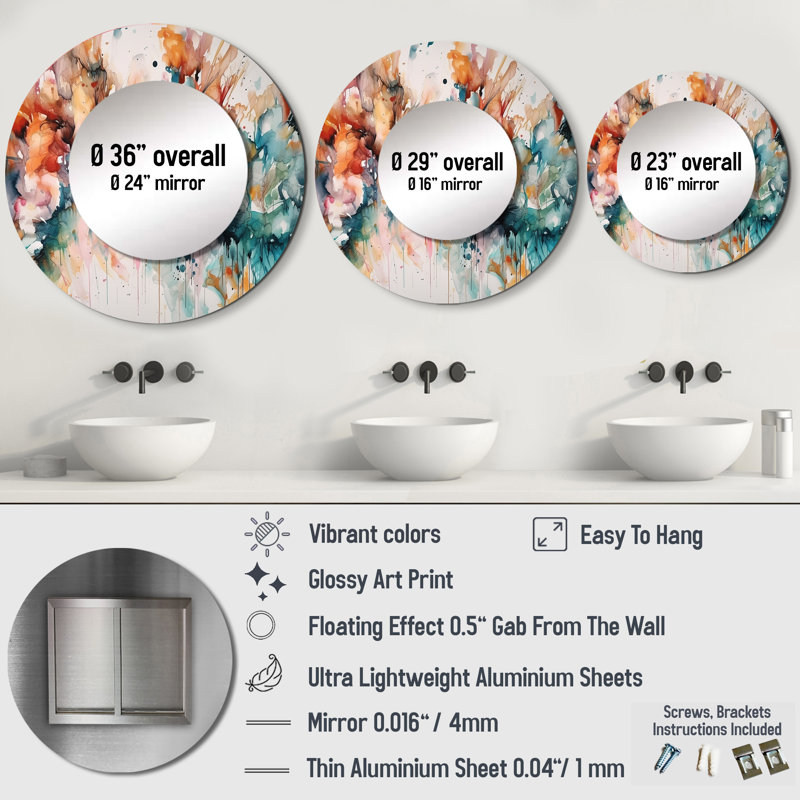 Paccione Captivating Boho Dance III - Abstract Unique Mirror, Blue Large Round Wall Mirror, Printed Metal Art, 29" x 29"