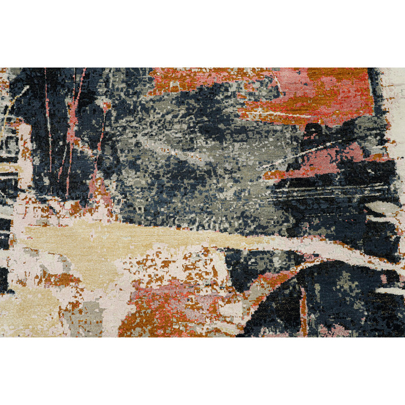 Hand Knotted Abstract Area Rug in Ivory/Black/Burned Orange, Rectangle 9' x 12'