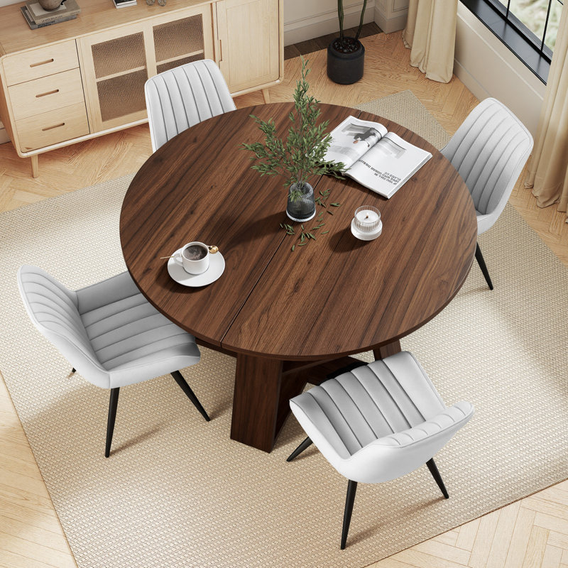 Ensemble de table et chaises de salle à manger extensible ronde à ovale Fecteau, Noyer, White