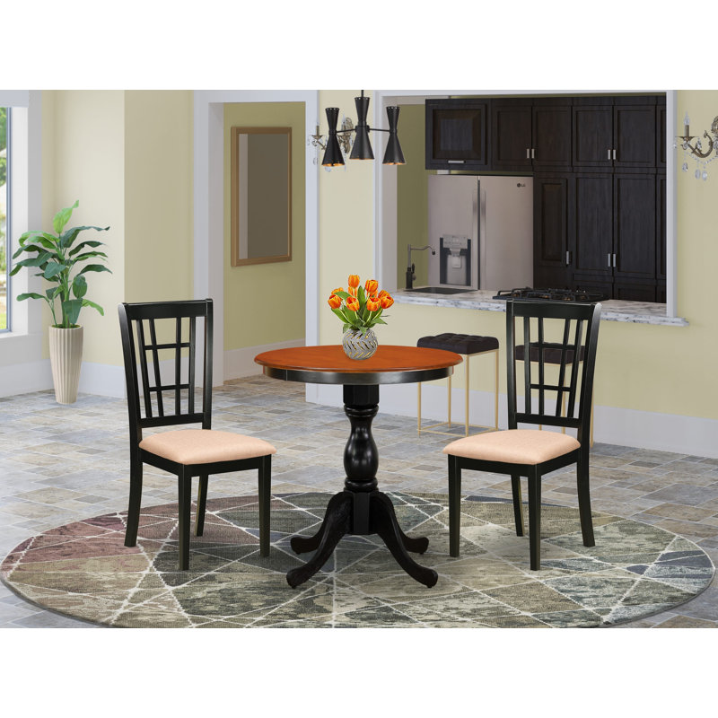 L'ensemble de table de salle à manger 3 pièces comprend une table ronde avec piédestal et 2 chaises rembourrées en tissu de lin, 30 po x 30 po, noir et cerise