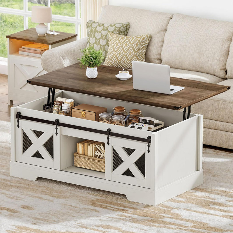 Table basse de style campagnard, table basse à plateau relevable avec rangement et porte de grange à rainures coulissantes, table centrale rustique pour le salon