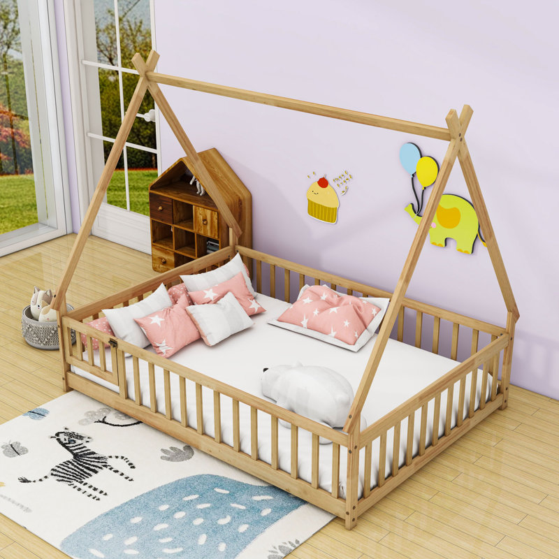  Lit double en bois avec porte, Naturel