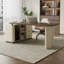 Bureau en bois manufacturé en L brun noyer + kaki avec 3 tiroirs-1902797731-1902797733