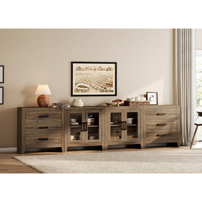 Eaton 4-Piece Modular Sideboard With Glass Doors & Drawers,Farmhouse Storage Cabinet For Living Room, Dining Room, Or Hallway, Brown