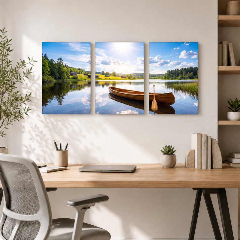 Toile en bois sur un lac calme avec Green Hills et forêt, ensemble de 3 toiles, 18"H x 12"W x 3pcs