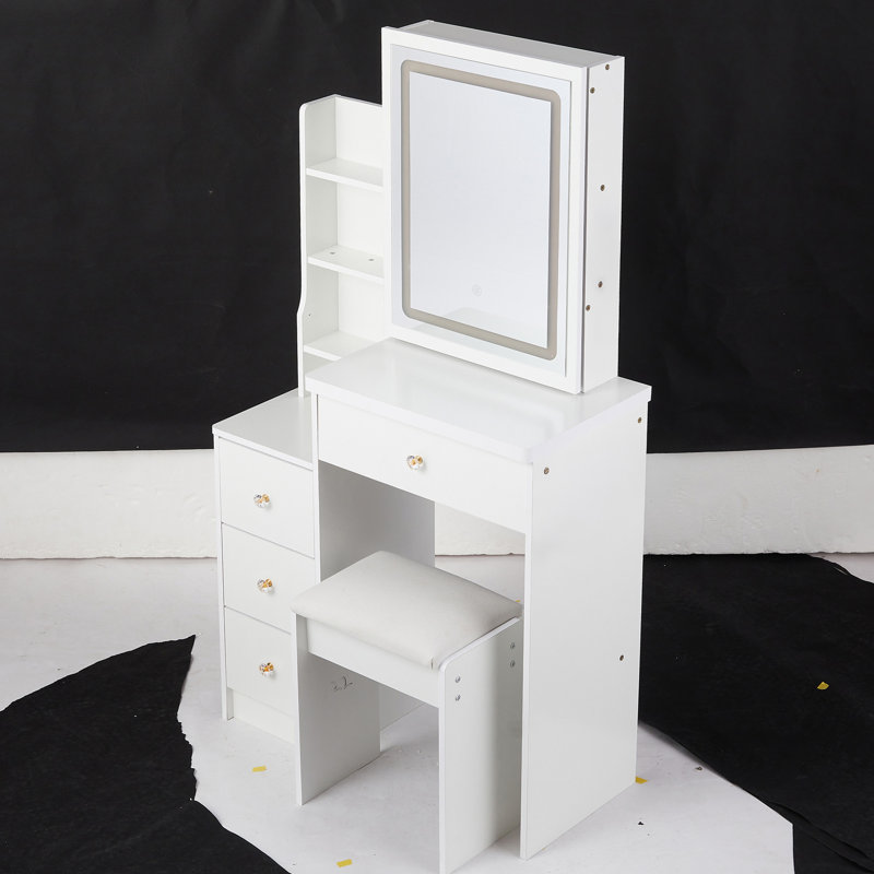 Small Size Left Bedside Cabinet Vanity Table + Cushioned Stool, Large Sliding, Touch Control, Tri-Color Switching, Brightness Adjust LED Mirror, High Capacity Storage