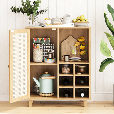 34 Inch Sideboard With Wine , Home Living Room Buffet, One Enclosed And Two Open Shelves, - Front Door, Ideal For Kitchen Use Bar Cabinet, Home, 6 Space, Design, Long Lasting Suitable Various Rooms