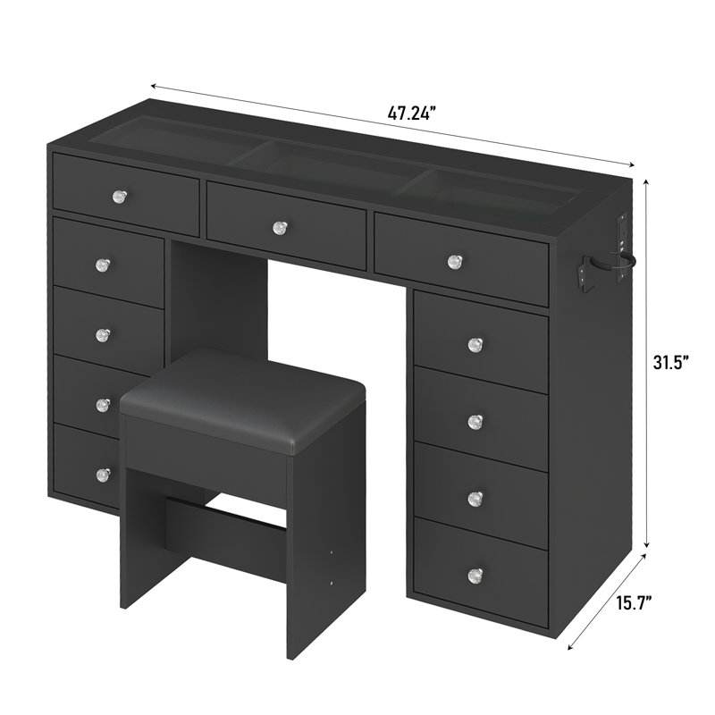 Vanity Desk Without Mirror, Makeup Vanity With 11 Drawers And Charging Station, White Vanity With Storage For Bedroom, Home Office Computer Desk For Bedroom