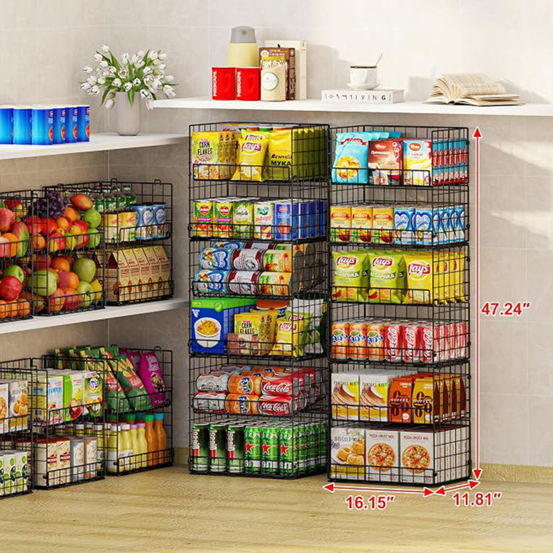 Panier en métal empilable à 6 niveaux, organisateur de boîte pour la cuisine de garde-manger, tablettes de rangement en métal XXL avec séparateurs et poignées, bacs de rangement à assemblage facile pour les fruits et légumes