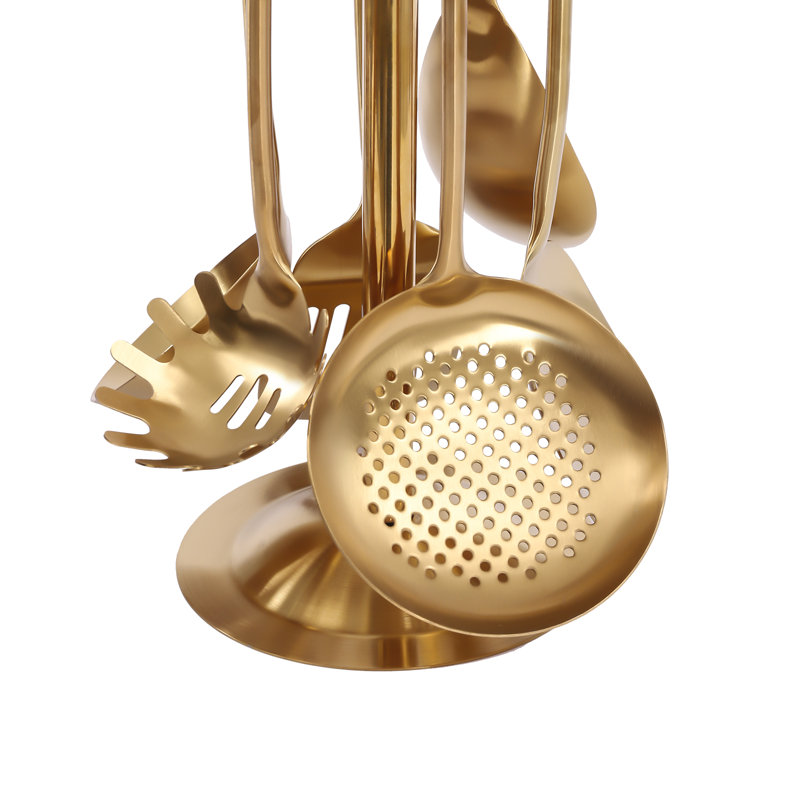 7-Piece Gold Stainless Steel Kitchen Utensil Set with Holder