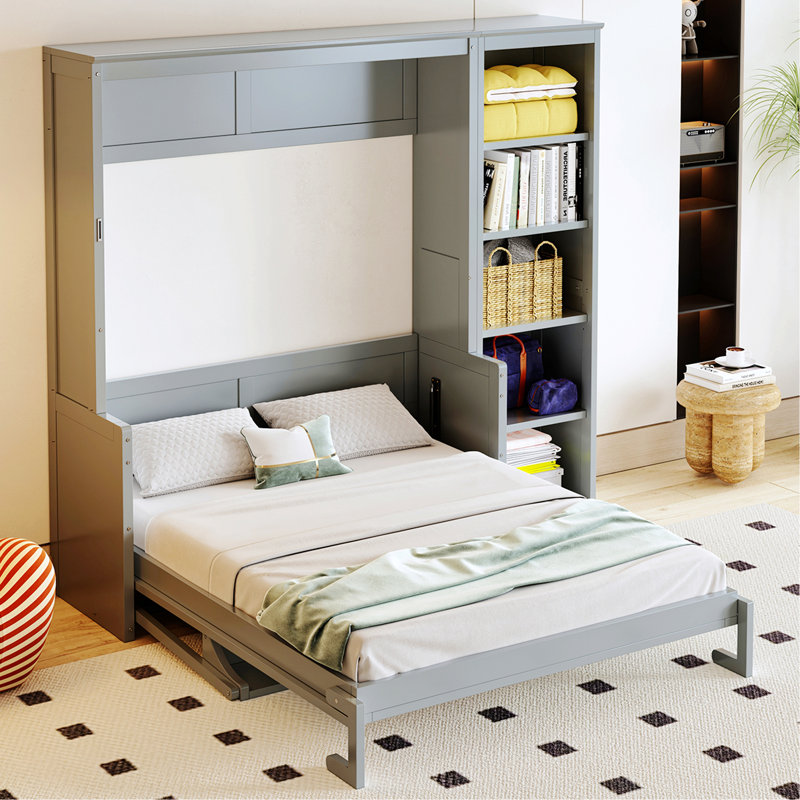 Structure de lit, lit escamotable avec bureau et bibliothèque, Gris, Double