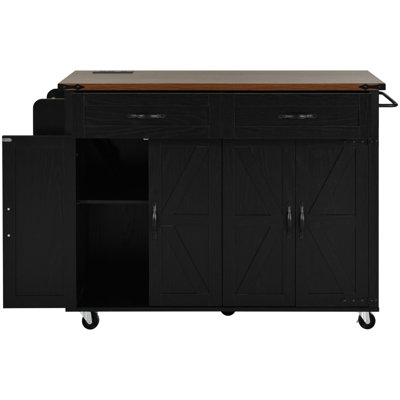 53.5'' Kitchen Island With 2 Ac Outlets, Ports, Drop Leaf, Spice Rack, 4 Adjustable Shelves, Drawers, And 5 Lockable Wheels, Black Cabinet Rectangular Power Supply, Doors, Smooth Rotation Brown Wood