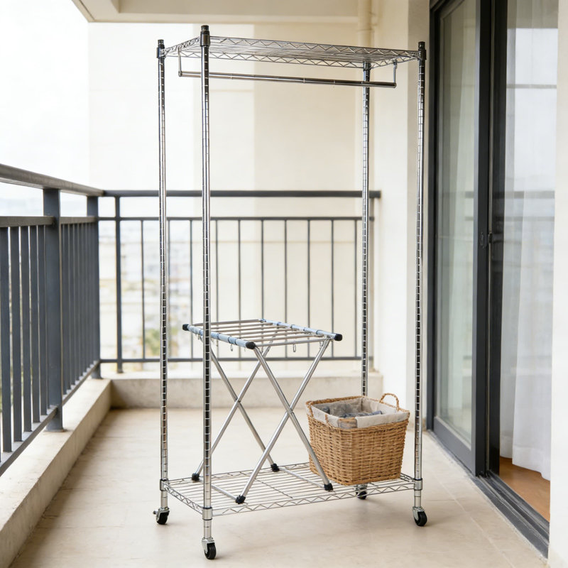 Portant à vêtements robuste avec barre de suspension réglable, tablettes doubles et roues verrouillables - Organisateur de vêtements en acier chromé