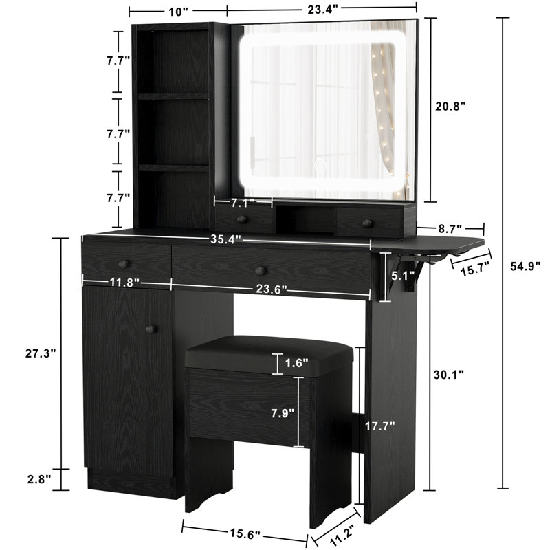 Jakaylen Vanity Makeup Desk with LED Light, Black