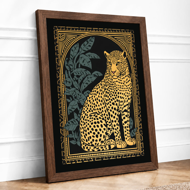 Leopard in Gold Art Deco - Framed Print, A2 - 59.4 x 42.0 cm, Walnut