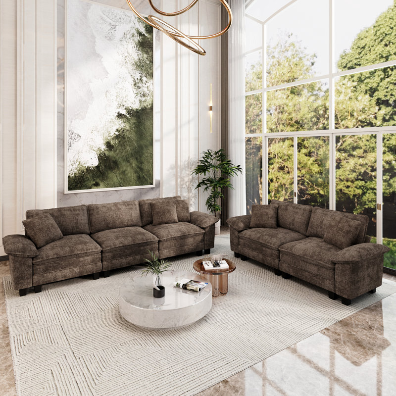 2-piece Upholstered Modular Sectional Sofa Sets, Oversized Couch Set With Loveseat And Sofa, Brown Chenille