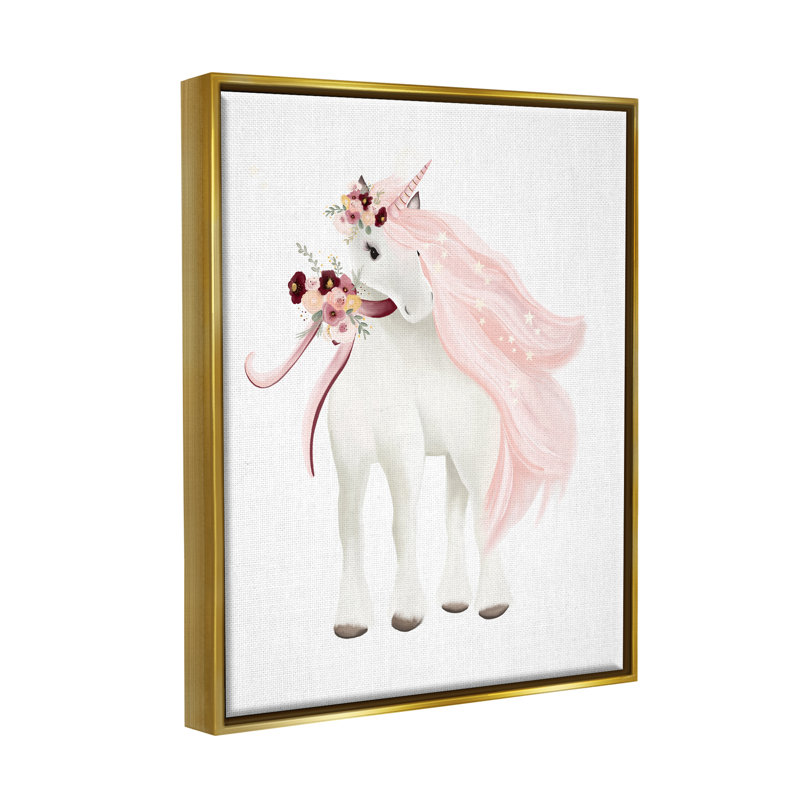 Licorne rose glamour par Studio Q, H 31 po x l 25 po x P 1,7 po, Cadre flottant métallique doré