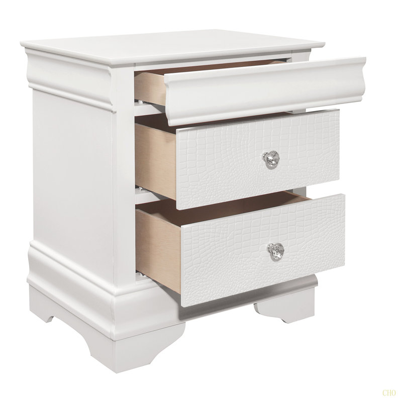 Mobilier de chambre à coucher de style traditionnel 1pc Table de chevet 3X tiroirs Faux crocodile en relief, Blanc