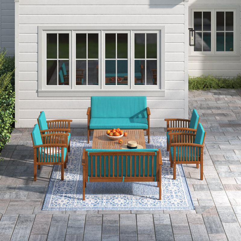 Amorae Acacia 8 - Person Patio Conversation Set with Cushions, Natural Frame/Teal Cushion