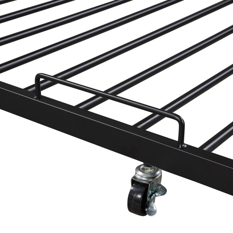 Structure de lit plateforme grand en métal avec lit gigogne, ports USB et support à lattes, sans sommier noir
