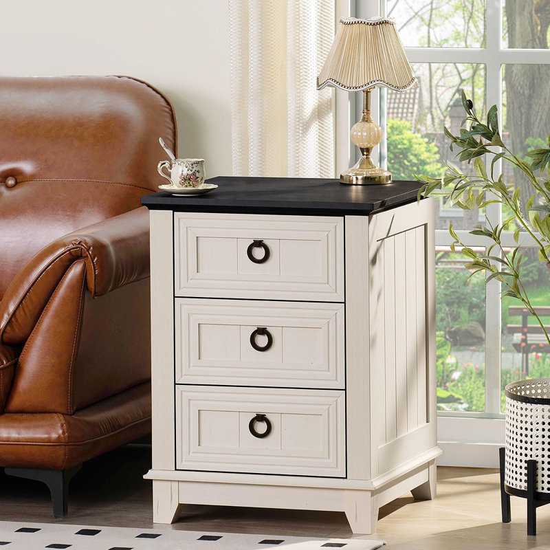 18" Farmhouse Night Stand with 3 Drawers, White