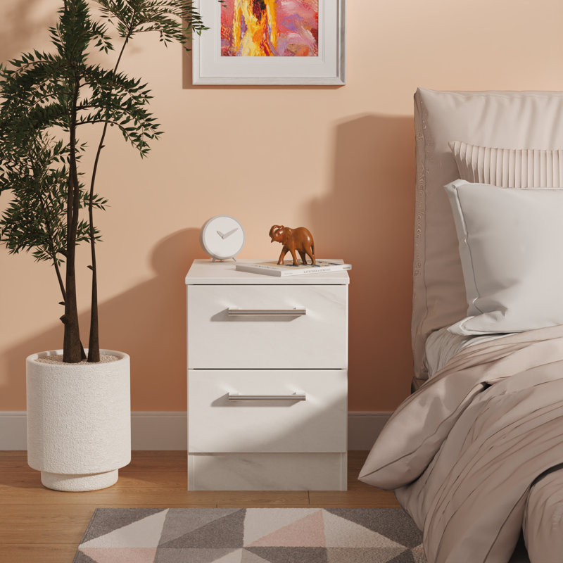 Fully Assembled Lebling 2 DrawerÂ Bedside Table, White Marble