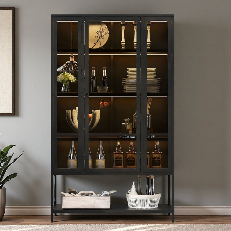 67.25'' Tall Iron Display Cabinet With Glass Door And LED Lights Steel Curio Cabinet For Collectibles Figures Trophies 3-Sided Glass Display Case For Home Office Study Room Stores Playroom